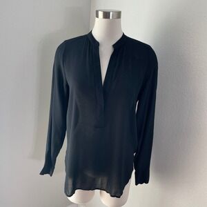 NEW Vince Womens 8 Black Split Neck Long Sleeve Blouse Top